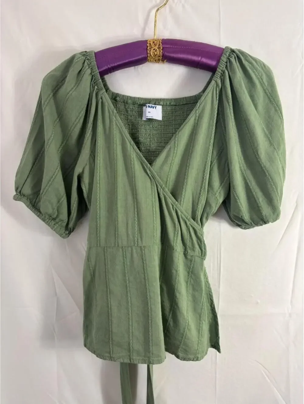 Sage Green Cotton V‎ Neck Babydoll Puff Sleeve Boho Whimsy Wrap Top Size XS-M